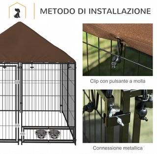Recinto para Perros de Metal con Puerta para Comederos, Cercado para Perros de Exterior con Cubierta de Tela Oxford, 141X141X151 Cm, Negro y Marrón