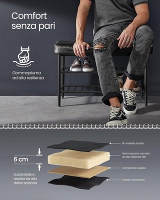 Colección EKHO - Banco Zapatero, Banco de Entrada y Dormitorio, Tapizado en PU con Costuras, Moderno de Mediados de Siglo, Capacidad 135 Kg, 30 X 80 X 50 Cm, Negro Tinta LSB054B01