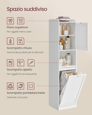 Mueble Porta Ropa para Baño, Mueble Alto de Baño, Con Saco Interno Porta Ropa Extraíble Con Asas, Compartimento Con Puerta, 40 X 40 X 170 Cm, Blanco Nube BBC761W01