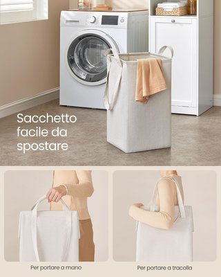 Mueble Porta Ropa para Baño, Mueble Alto de Baño, Con Saco Interno Porta Ropa Extraíble Con Asas, Compartimento Con Puerta, 40 X 40 X 170 Cm, Blanco Nube BBC761W01