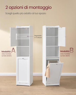 Mueble Porta Ropa para Baño, Mueble Alto de Baño, Con Saco Interno Porta Ropa Extraíble Con Asas, Compartimento Con Puerta, 40 X 40 X 170 Cm, Blanco Nube BBC761W01