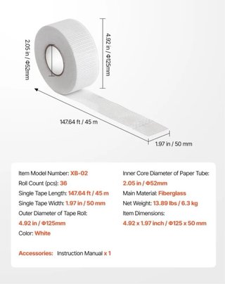 Cinta Malla Fibra Vidrio VEVOR 36 Rollos 50mm x 45