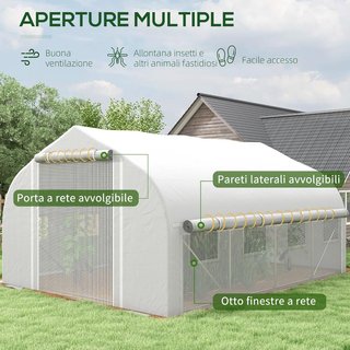 Invernadero de Jardín 4X3M, Invernadero de Túnel con Cubierta de PE y Paredes Enrollables, Puerta y 8 Ventanas de Red, Incluye Etiquetas y Guantes, Blanco