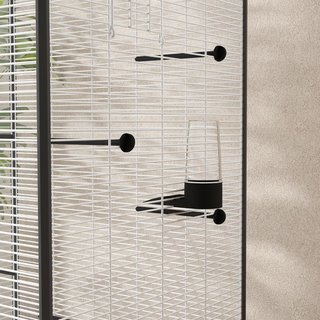 Jaula para Aves con Ruedas y Perchas de Plástico, Techo y Comederos, Voladera de Acero para Aves con Bandeja Extraíble, Para Interior y Exterior, 79X65X155Cm, Negro