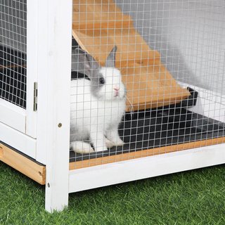 Jaula para Conejos de Exterior con Puertas Múltiples, Conejera de Madera de Abeto con Rampa, Casita para Conejos y Espacio Abierto Cercado, Amarillo y Negro