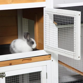 Jaula para Conejos de Exterior con Puertas Múltiples, Conejera de Madera de Abeto con Rampa, Casita para Conejos y Espacio Abierto Cercado, Amarillo y Negro