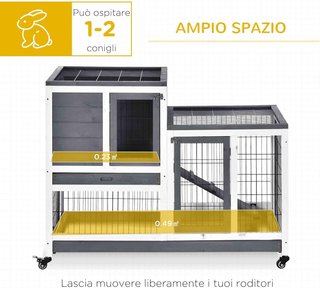 Conejera Interior de Madera de Abeto con Ruedas, Bandejas Extraíbles y Casa para Conejos con Rampa, 110X50X88 Cm, Gris y Blanco