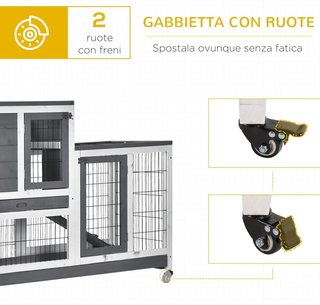 Conejera Interior de Madera de Abeto con Ruedas, Bandejas Extraíbles y Casa para Conejos con Rampa, 110X50X88 Cm, Gris y Blanco