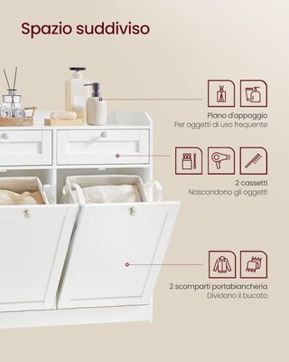 Mueble Portabiancheria para Baño, Mueble de Baño Con 2 Cajones Y 2 Cestos Portabiancheria, Sacos Internos Extraíbles Con Asas, 40 X 78,9 X 80,2 Cm, Blanco Nube BBC751W01