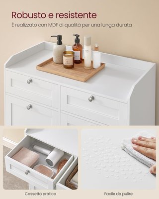 Mueble Portabiancheria para Baño, Mueble de Baño Con 2 Cajones Y 2 Cestos Portabiancheria, Sacos Internos Extraíbles Con Asas, 40 X 78,9 X 80,2 Cm, Blanco Nube BBC751W01