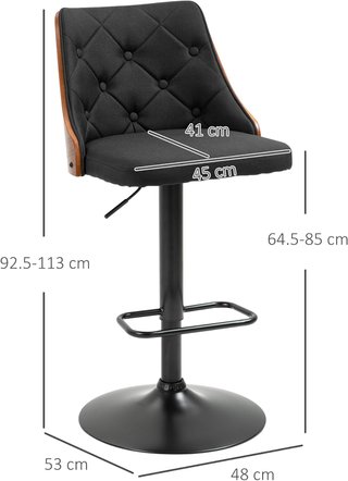 Set di 2 Sgabelli da Bar Girevoli per Cucina e Soggiorno, Sgabelli Moderni con Altezza Regolabile in Tessuto Traspirante, 47.5X50X93.5-116 Cm, Nero e Noce