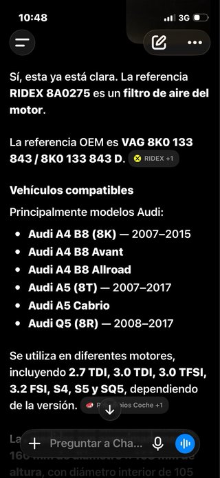 Filtro de Aire RIDEX Audi A4 B8 A5 Q5