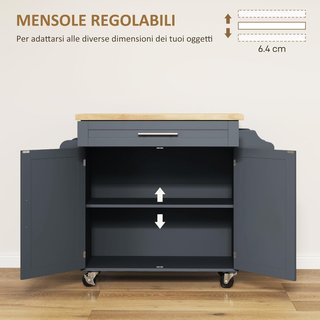 Carro De Cocina Multiusos Con Cajón, Ruedas, Portaespecias Y Armario, Mueble De Cocina Con Estante Regulable, Porta Toallas Y Tablero De Madera De Caucho, 109X40X89 Cm, Gris