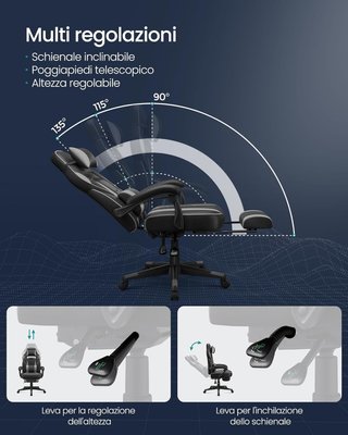 Silla de Oficina, Silla Racing Ergonómica, Reposapiés Telescópico, Respaldo Inclinable, Reposacabezas y Soporte Lumbar, Capacidad de 150 Kg, Negro Tinta y Gris Tortora