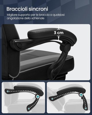 Silla de Oficina, Silla Racing Ergonómica, Reposapiés Telescópico, Respaldo Inclinable, Reposacabezas y Soporte Lumbar, Capacidad de 150 Kg, Negro Tinta y Gris Tortora