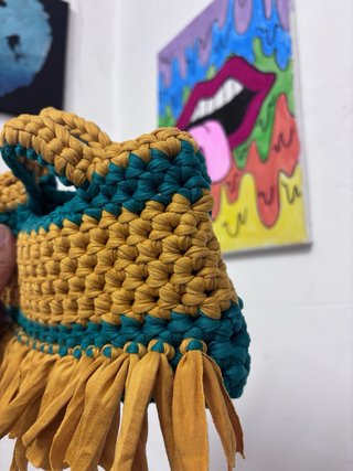 Borsa a Mano Uncinetto Senape e Verde con Frange |