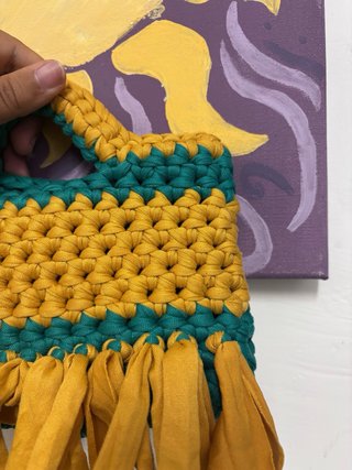Borsa a Mano Uncinetto Senape e Verde con Frange |