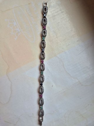 Pulsera Plata Envejecida Piedras Multicolor.