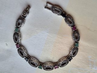 Pulsera Plata Envejecida Piedras Multicolor.