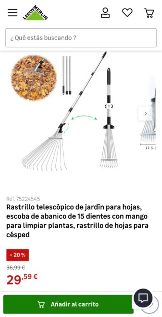 Rastrillo jardín telescópico Leroy Merlín vale 30€