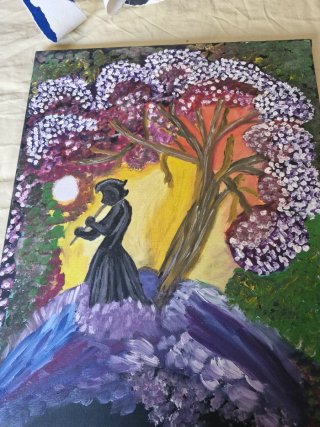 Pintura al óleo mujer tocando flauta