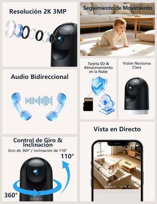 Cámara 2K interior con giro 355° y visión nocturna