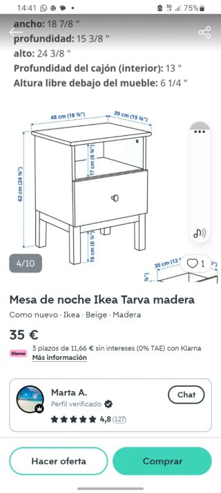 Mesa de noche en madera de pino