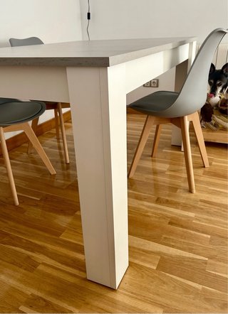 Mesa extensible gris y blanca con 4 sillas