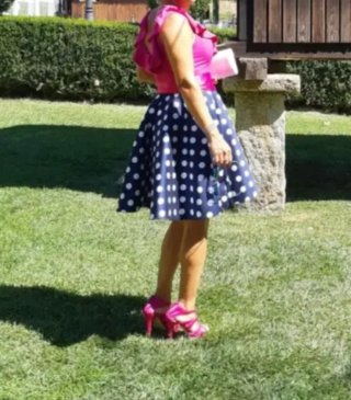 Vestido fiesta lunares azul y rosa