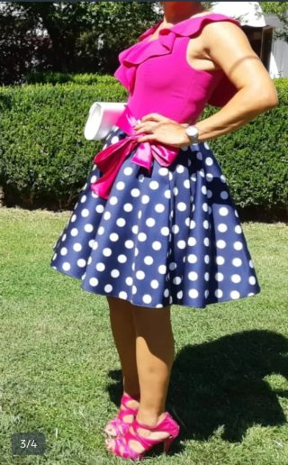 Vestido fiesta lunares azul y rosa