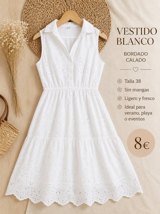 Vestido blanco bordado calado talla 38