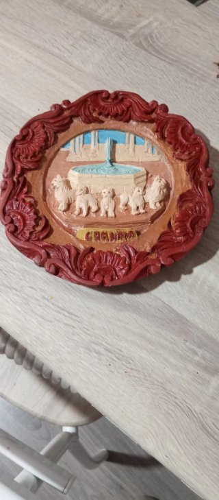 4 Platos Madera Tallados Pintados Óleo