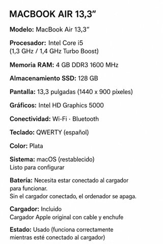 MacBook Air 13 Apple Plata + Cargador