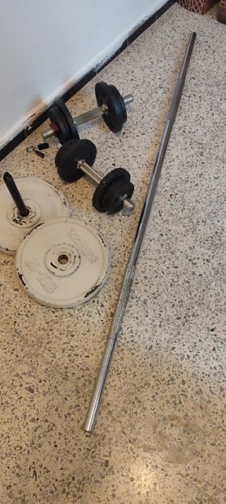Juego Pesas 10kg + Barra + Mancuernas