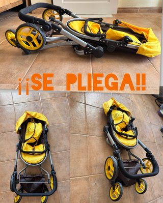 Carrito de bebé Miyo con accesorios y dos bebés.