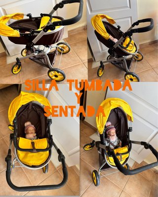 Carrito de bebé Miyo con accesorios y dos bebés.