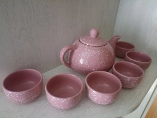 Tetera y 6 tazas rosa salpicada