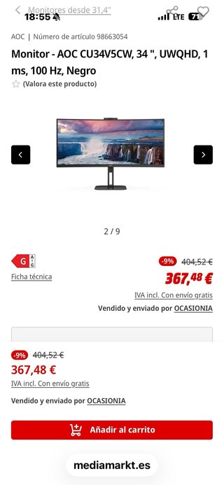 Monitor AOC 34” Curvo UWQHD 1ms 100Hz