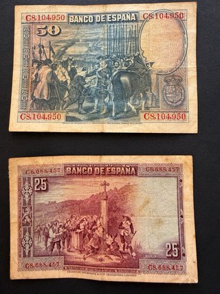 Lote 2 Billetes España 1928: 50 y 25 Pesetas