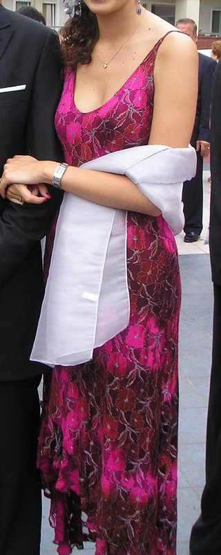 Vestido fiesta largo fucsia y plateado