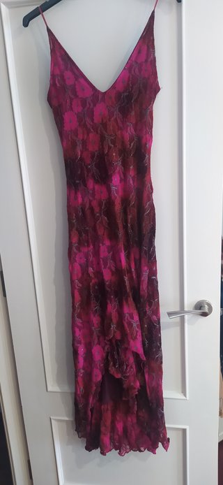 Vestido fiesta largo fucsia y plateado