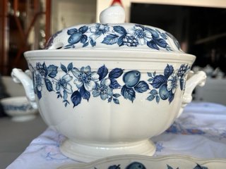 Juego de vajilla azul cobalto y blanco con frutas