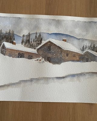 Acuarela A3 Cabaña Montaña Invierno