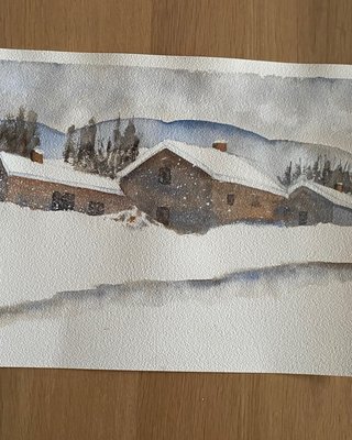 Acuarela A3 Cabaña Montaña Invierno