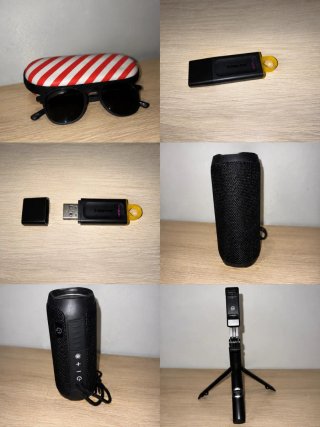 Lote de accesorios: gafas, USB, altavoz, selfie st