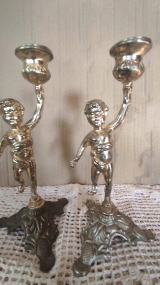 Pareja Candelabros Antiguos Niño Ángel