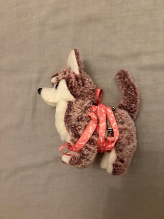 Peluche perro con arnés y correa