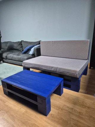 Conjunto Sofá Palet Azul y Gris + Mesa