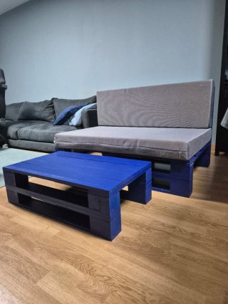 Conjunto Sofá Palet Azul y Gris + Mesa