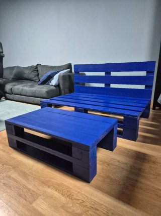 Conjunto Sofá Palet Azul y Gris + Mesa